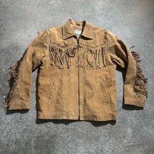 Vintage Leather Men’s Tan Suede Leather Fringe Zip Jacket‎ Size L Western Retro